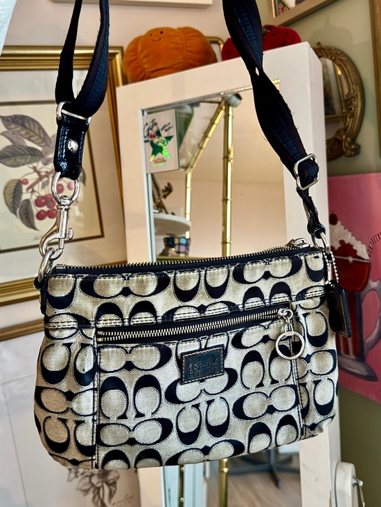 Coach Handbags - Coach Metallic Silver & Black Signature Shoulder Bag